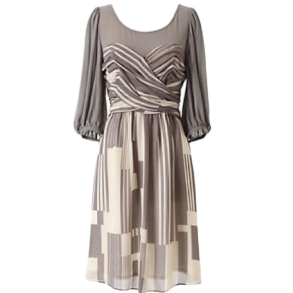 MOULINETTE SOEURS Grey/Cream 100% Silk "Dusky Striation" Midi‎ Dress Size 2